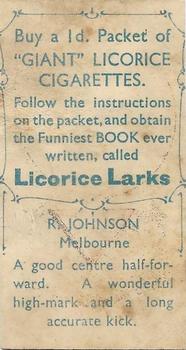 1933 Giant Brand Australian Licorice League and Association Footballers #NNO Robert Johnson Back